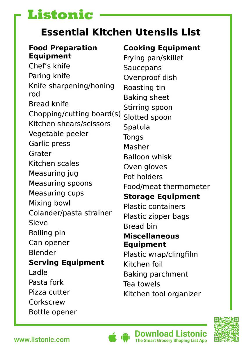 kitchen utensils list - template