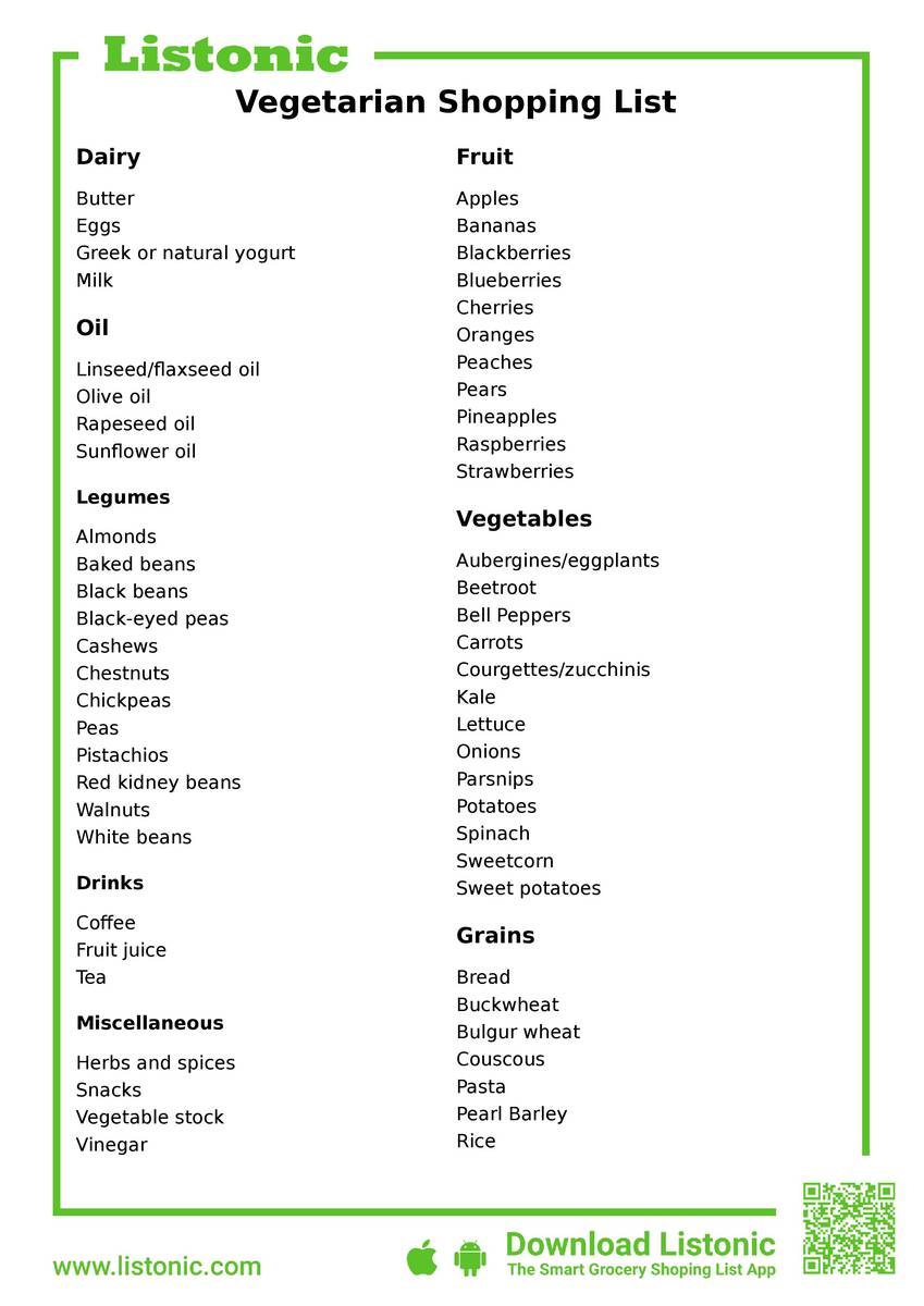 vegetarian shopping list - template